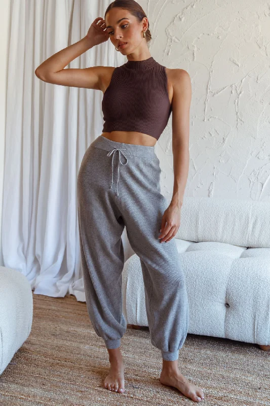 New Soul Drawstring Ribbed Knit Jogger Pants Grey Marle Trendy Printed Leggings