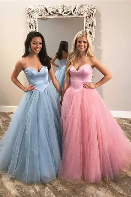 Puffy Sweetheart Blue/Pink Tulle Prom Cheap Strapless Floor Length Party Dress Square Neckline Feminine Puffy Sweetheart Blue/Pink Tulle Prom Cheap Strapless Floor Length Party Dress Square Neckline Feminine