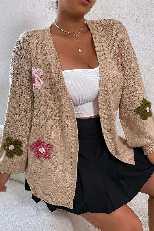 Blue Zone Planet | Floral Applique Drop Shoulder Open Front Cardigan Fleece Fabric Down Fabric Feather Fabric Blue Zone Planet | Floral Applique Drop Shoulder Open Front Cardigan Fleece Fabric Down Fabric Feather Fabric