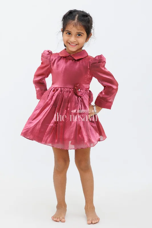 Wine Magenta Glaze Organza Bishop Sleeve Party Dress with Floral Waist Embellishment for Girls Tunics Sale discount Wine Magenta Glaze Organza Bishop Sleeve Party Dress with Floral Waist Embellishment for Girls Tunics Sale discount