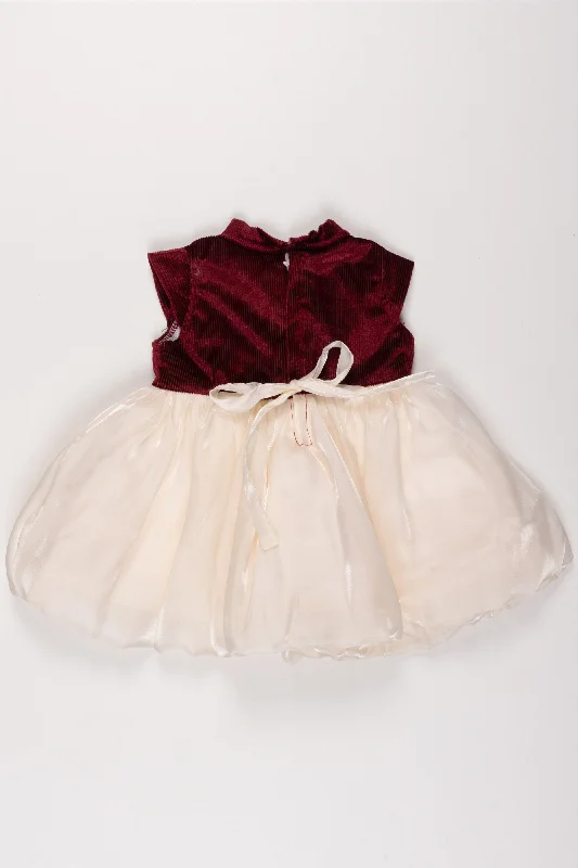 Maroon and Ivory Tulle Party Dress with Satin Bow for Girls Square Neckline Feminine Maroon and Ivory Tulle Party Dress with Satin Bow for Girls Square Neckline Feminine