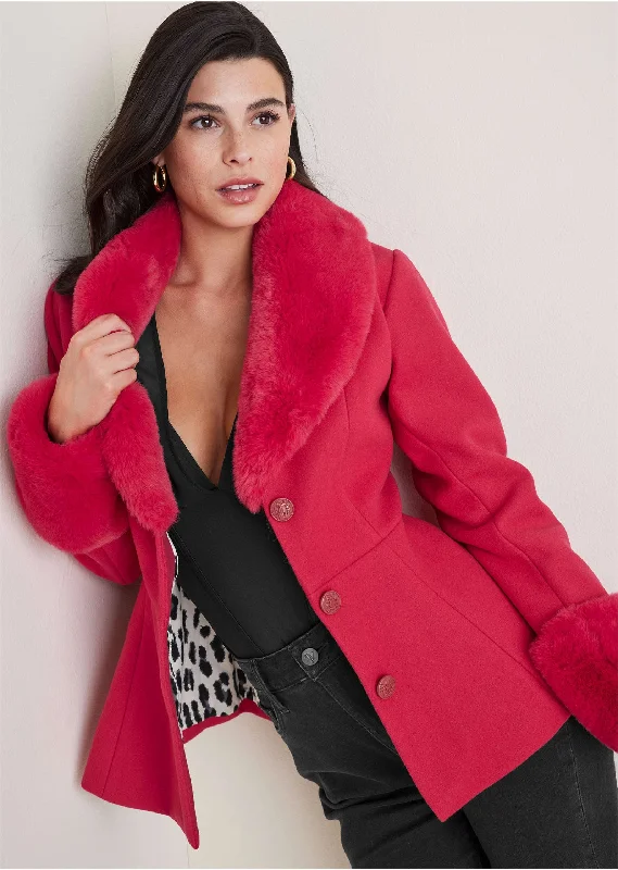 Faux Fur Trim Jacket - Barberry Satin Jacket Silk Jacket Chiffon Jacket
