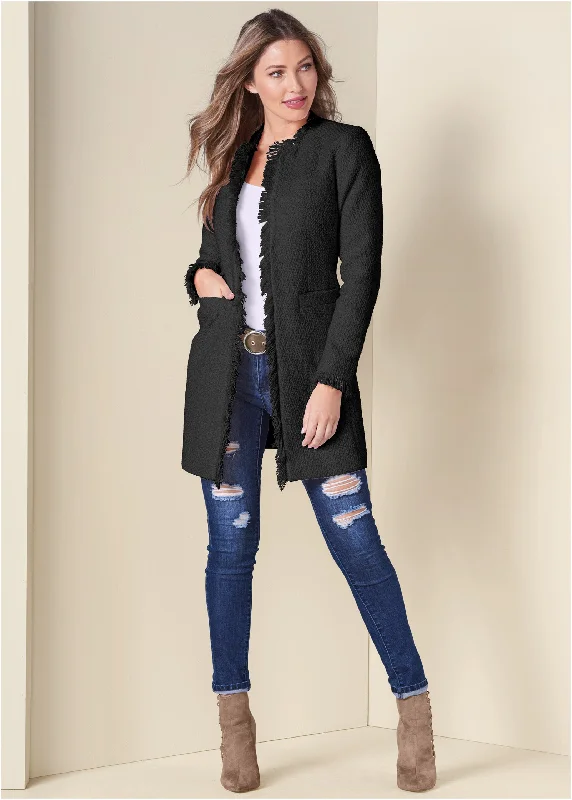 Tweed Jacket - Black Fleece Jacket Down Jacket Feather Jacket