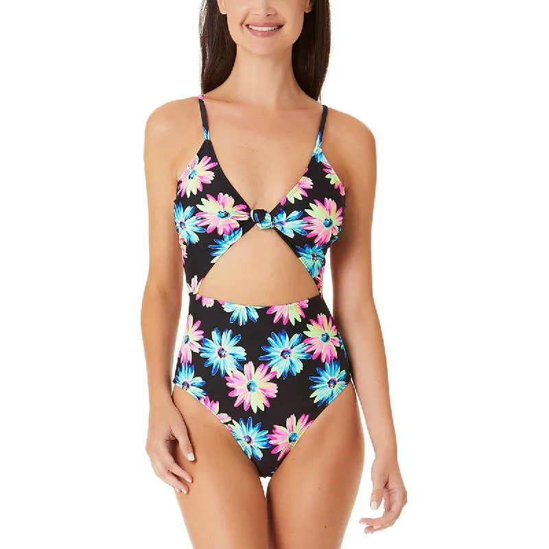 California Waves Womens Juniors Floral Print Cut-Out One-Piece Swimsuit Chic Swimsuit Cover-Up
