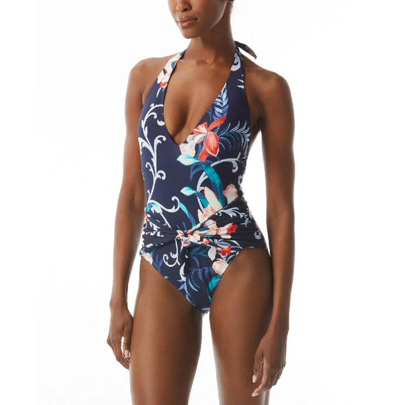 Carmen Marc Valvo Womens Floral V-Neck One-Piece Swimsuit Adjustable Swim Top
