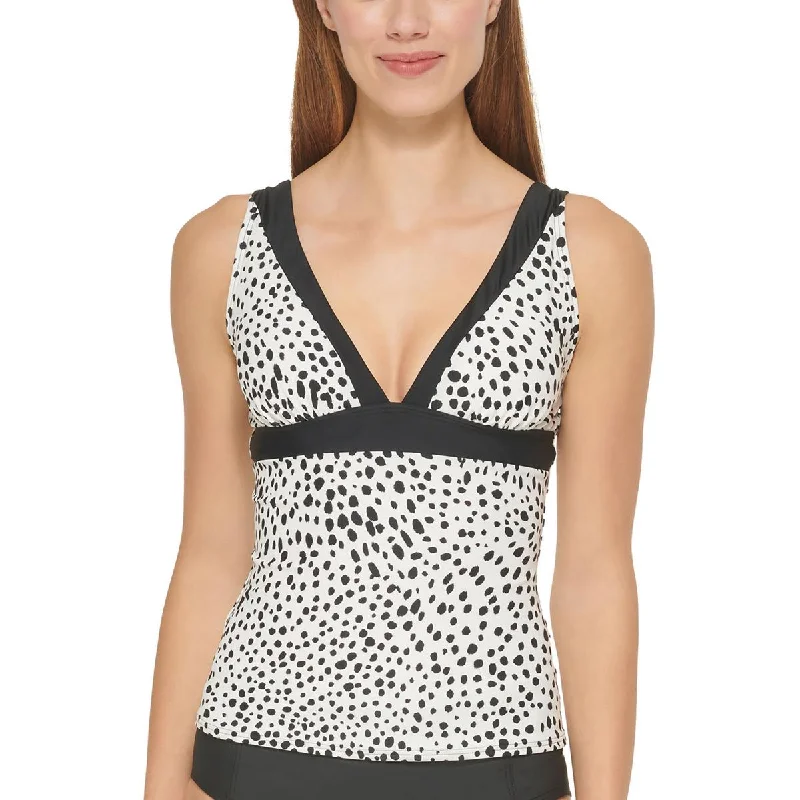 DKNY Swimwear Womens Printed V-Neck Tankini Swim Top Button-Front Swimsuit