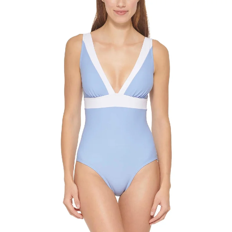 DKNY Swimwear Womens Two Tone V-Neck One-Piece Swimsuit Push-Up Bikini Top