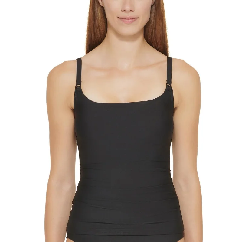 DKNY Womens Logo Ruched Tankini Swim Top Mesh Swimsuit Top