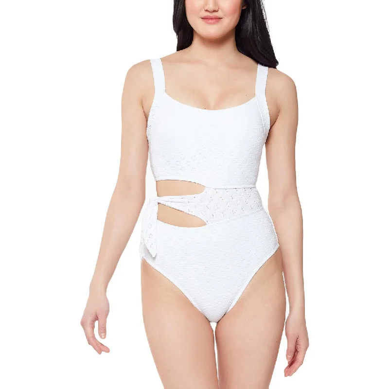 Jessica Simpson Womens Eyelet Cut-Out One-Piece Swimsuit Swim Dress with Belt