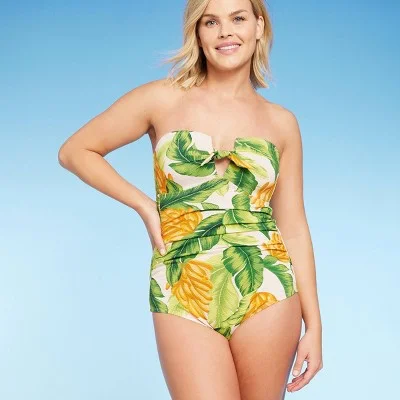 Kona Sol Women's Bandeau One Piece Swimsuit Full Coverage Swimwear Floral Bikini Top