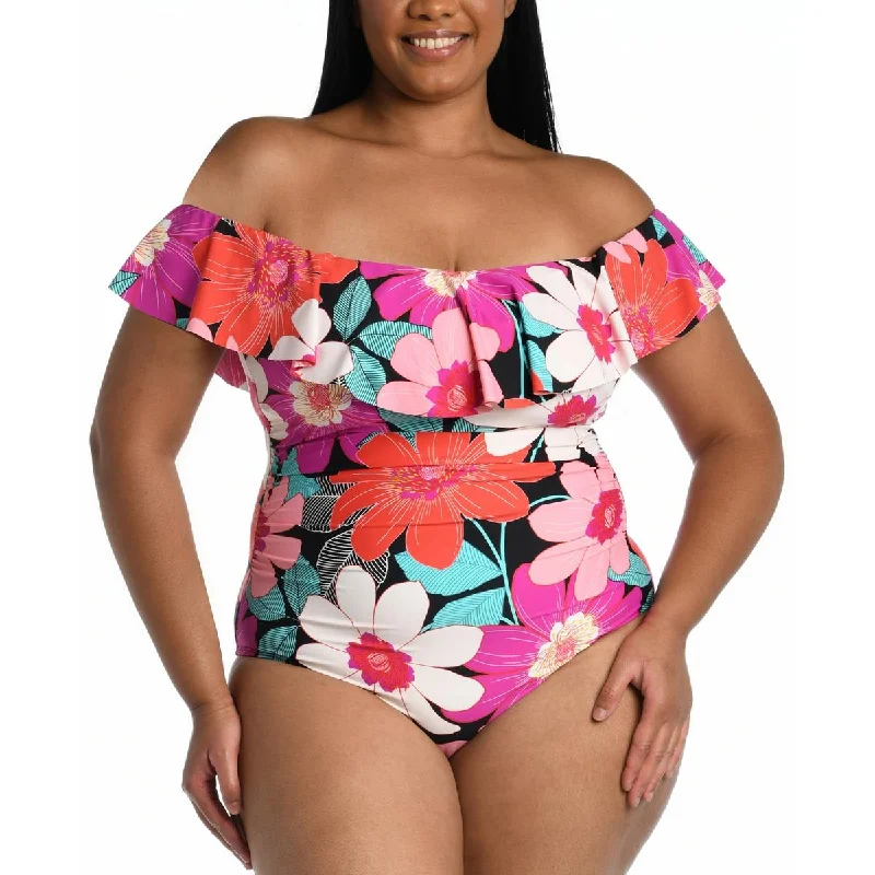 La Blanca Womens Ruffled Off The Shoulder One-Piece Swimsuit Comfortable Swim Shorts