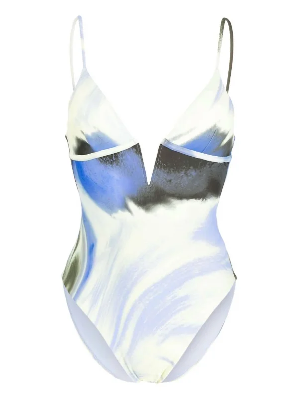 Maelle V-Neck One Piece Swimsuit In Marina Blue Print Shiny One-Piece Swimsuit