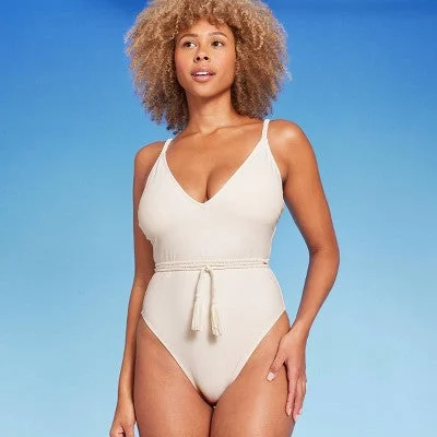 Shade & Shore Women's Braid Belt High Leg One Piece Swimsuit Swimwear Sporty Swimwear Bottoms