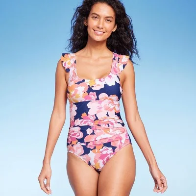 Kona Sol Women's Ruffle Sleeve One Piece Swimsuit Full Coverage Swimwear Classic Sporty Swimsuit