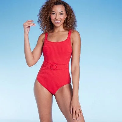 New - Women's Ribbed Front Belt Full Coverage One Piece Swimsuit - Shade & Shore Red M Strapless Swimsuit Top New - Women's Ribbed Front Belt Full Coverage One Piece Swimsuit - Shade & Shore Red M Strapless Swimsuit Top