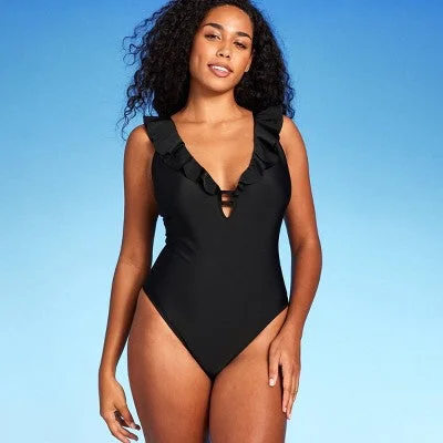 Shade & Shore Women's Plus Plunge One Piece Swimsuit Ruffle Swimwear Stylish Beachwear Set
