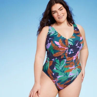 New - Women's Shirred Plunge One Piece Swimsuit - Shade & Shore Multi Floral Print 14 Push-Up Bikini Top New - Women's Shirred Plunge One Piece Swimsuit - Shade & Shore Multi Floral Print 14 Push-Up Bikini Top