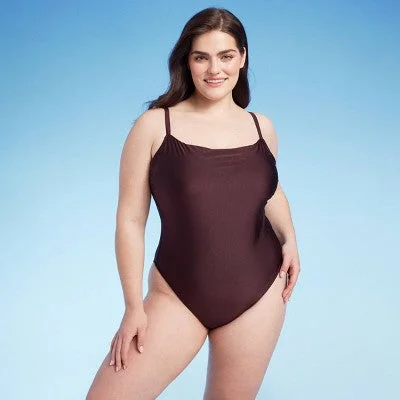 New - Women's Square Neck High Leg Cheeky One Piece Swimsuit - Shade & Shore Brown Shine 16 Retro-Inspired Bikini Set New - Women's Square Neck High Leg Cheeky One Piece Swimsuit - Shade & Shore Brown Shine 16 Retro-Inspired Bikini Set