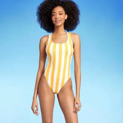 Women's Striped Scoop Neck X-Back One Piece Swimsuit - Shade & Shore Yellow M Playful Pattern Swimsuit