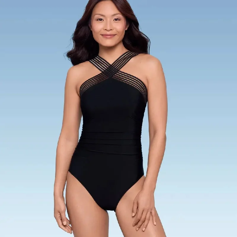 New - Women's UPF 50 Crossover Neck Detail One Piece Swimsuit - Aqua Green Black L Crisscross Back Swimsuit New - Women's UPF 50 Crossover Neck Detail One Piece Swimsuit - Aqua Green Black L Crisscross Back Swimsuit