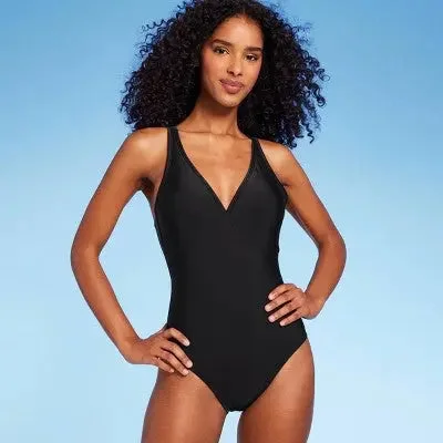 Women's V-Neck Scoop Back One Piece Swimsuit - Shade & Shore Black XL Vintage Swimwear Look Women's V-Neck Scoop Back One Piece Swimsuit - Shade & Shore Black XL Vintage Swimwear Look