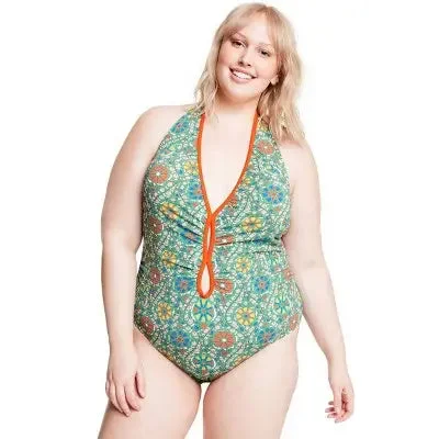 RHODE Women's Halter High Leg Cheeky One Piece Swimsuit V-Neck Swimwear Two-Piece Beachwear