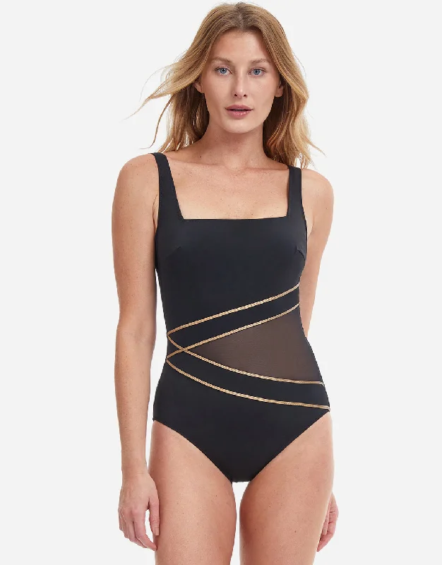 Onyx Square Neck Higher Back Swimsuit - Black Comfortable Swim Dress