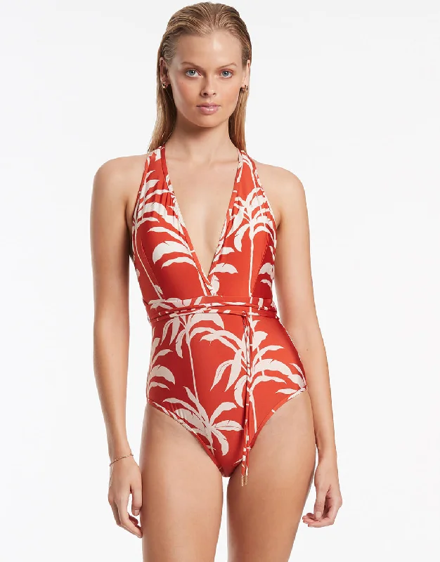 Palme Plunge Swimsuit - Cherry Elegant Halter Bikini