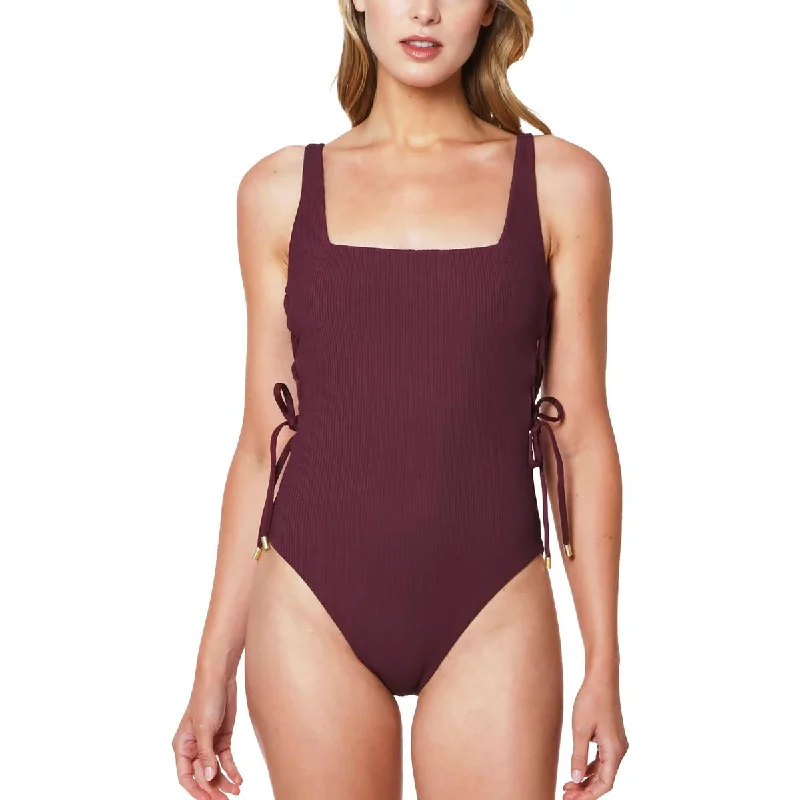 Sanctuary Womens Ribbed Lace-Up One-Piece Swimsuit Reversible Bikini Set