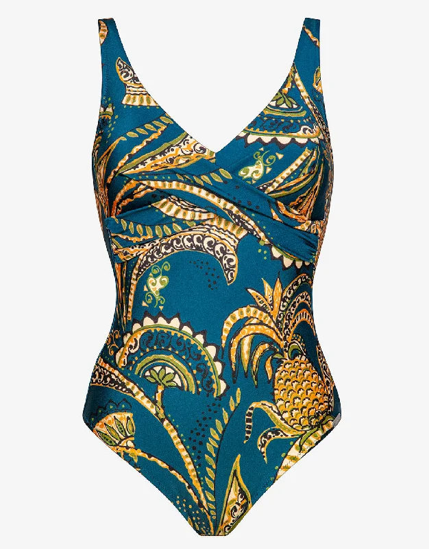 Satin Fruits Wrap Front Swimsuit - Ocean Pineapple Quick-Dry Tankini