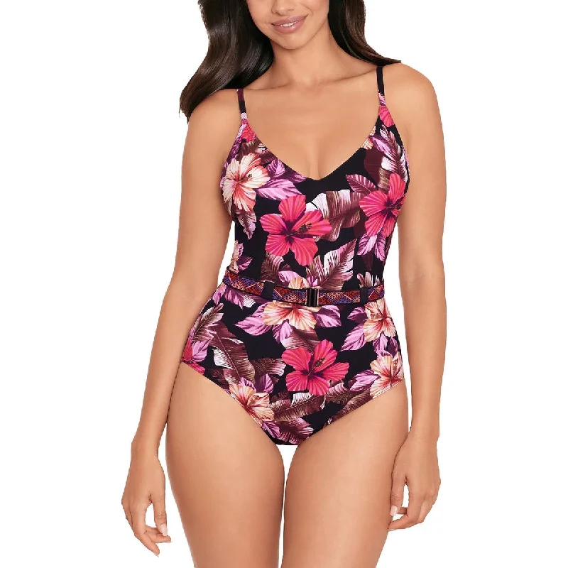 Skinny Dippers Womens Lucky Charm  Belted Floral One-Piece Swimsuit Crisscross Back Swimsuit