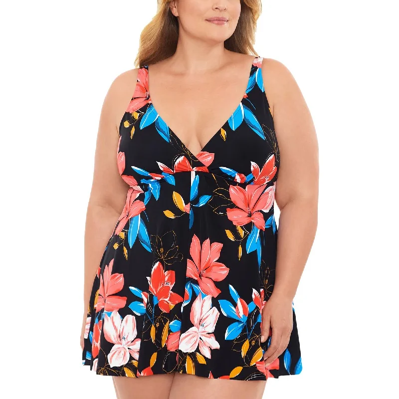 Swim Solutions Womens Plus Floral Print Adjustable Tankini Swim Top Swim Skirt Set