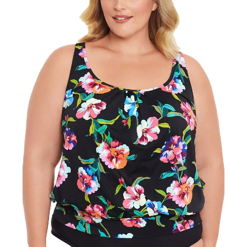 Swim Solutions Womens Plus Underwhire Floral Print Tankini Swim Top Modern High-Waisted Swimsuit