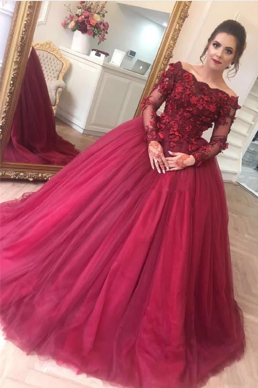 Ball Gown Burgundy Off the Shoulder Long Sleeve Appliques Tulle Party Dresses WK552 Tunics Canvas sturdy Ball Gown Burgundy Off the Shoulder Long Sleeve Appliques Tulle Party Dresses WK552 Tunics Canvas sturdy