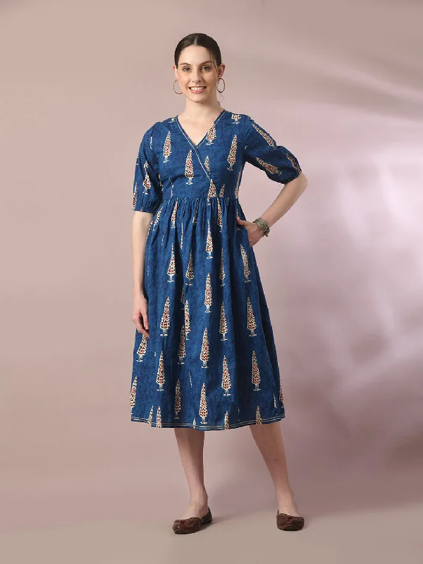 Women's Blue Printed Cotton V-Neck Empire Party Dress - Myshka Tunics Seasonal trendy Women's Blue Printed Cotton V-Neck Empire Party Dress - Myshka Tunics Seasonal trendy