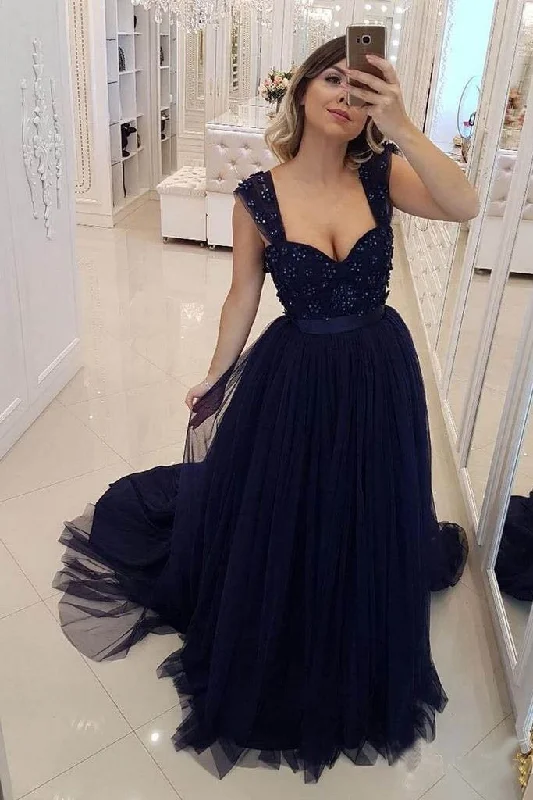 A Line Navy Blue Beaded Military Prom Dresses Tulle Straps Sweetheart Party Dresses WK744 Tunics Ceremony elegant A Line Navy Blue Beaded Military Prom Dresses Tulle Straps Sweetheart Party Dresses WK744 Tunics Ceremony elegant