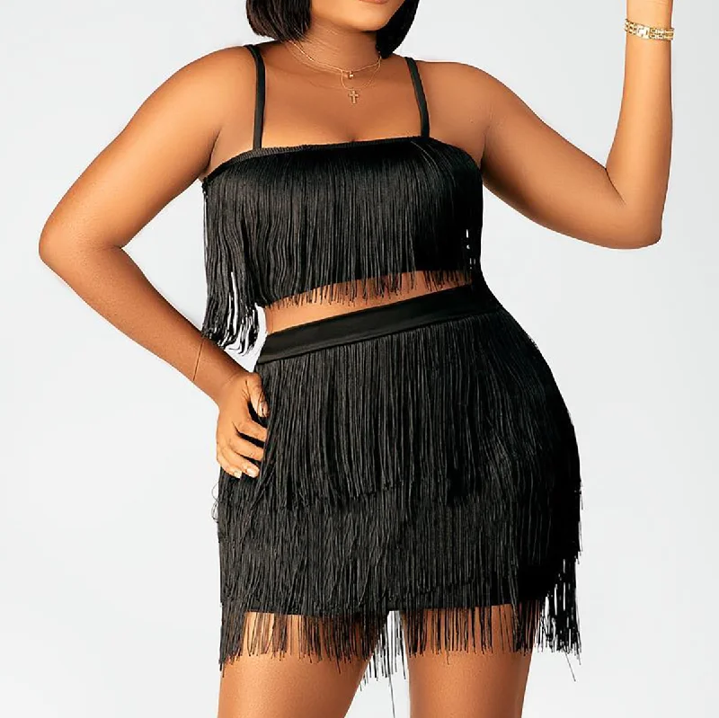 Women Summer Vacation Solid Color Tassel Crop Camis And Skirt Two-Piece Set belted skirt waist Women Summer Vacation Solid Color Tassel Crop Camis And Skirt Two-Piece Set belted skirt waist