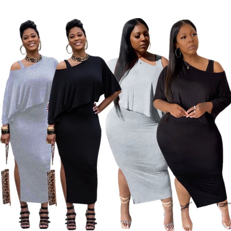 Women Solid Color Loose One Shoulder Top And Slit Skirt Stylish Two-Piece Set tiered skirt playful Women Solid Color Loose One Shoulder Top And Slit Skirt Stylish Two-Piece Set tiered skirt playful