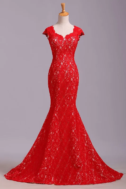 Elegant Red Sweetheart Mermaid Lace Cap Sleeve Open Back Prom Dress Party Dresses WK175 Tunics Evening elegant Elegant Red Sweetheart Mermaid Lace Cap Sleeve Open Back Prom Dress Party Dresses WK175 Tunics Evening elegant
