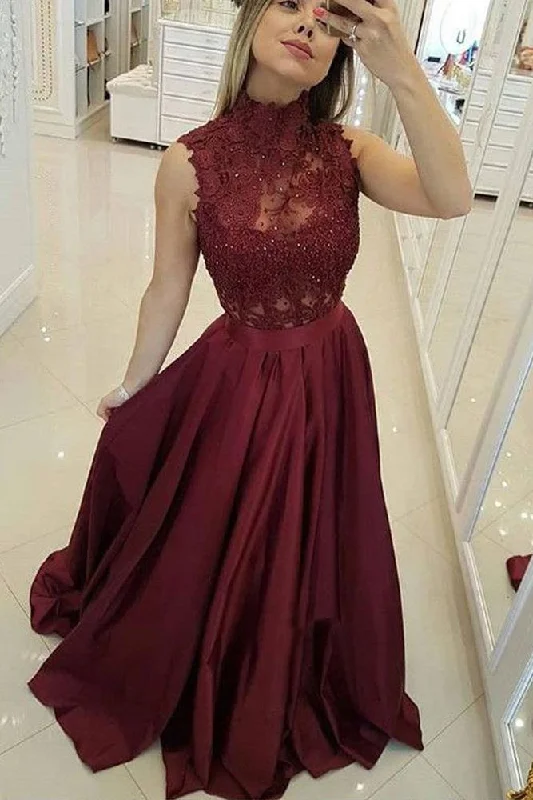 Burgundy High Neck Lace Prom Dresses Beads Satin Long Cheap Party Dresses WK573 Tunics Wedding white Burgundy High Neck Lace Prom Dresses Beads Satin Long Cheap Party Dresses WK573 Tunics Wedding white