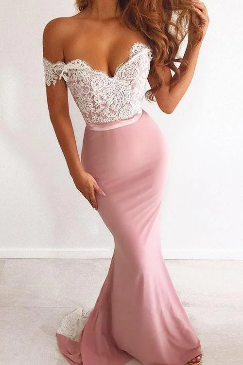 Unique Pink Off the Shoulder Mermaid Lace Long Prom Dresses Cheap Party Dresses P1127 Tunics Chinos classic Unique Pink Off the Shoulder Mermaid Lace Long Prom Dresses Cheap Party Dresses P1127 Tunics Chinos classic