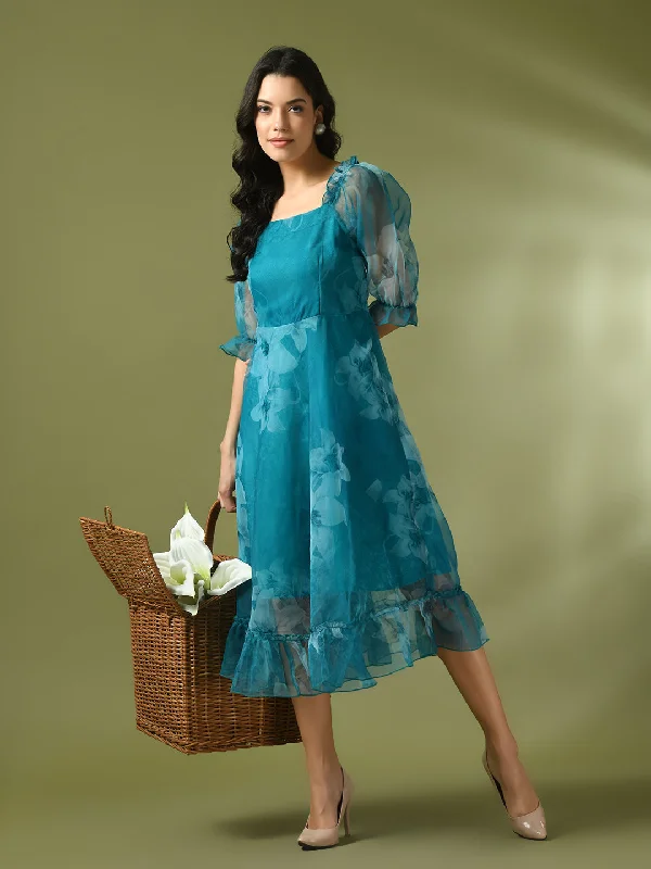 Women's Teal Printed Square Neck Fit And Flare Party Dress - Myshka Tunics Mesh breathable Women's Teal Printed Square Neck Fit And Flare Party Dress - Myshka Tunics Mesh breathable