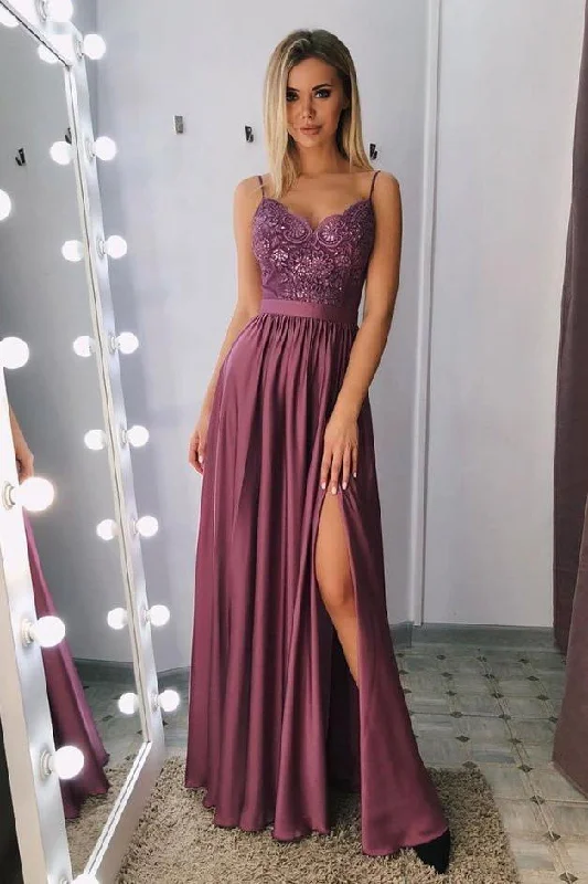 A Line Spaghetti Straps V Neck Purple Lace Side Slit Prom Dresses Party Dresses P1002 Tunics Distressed trendy A Line Spaghetti Straps V Neck Purple Lace Side Slit Prom Dresses Party Dresses P1002 Tunics Distressed trendy